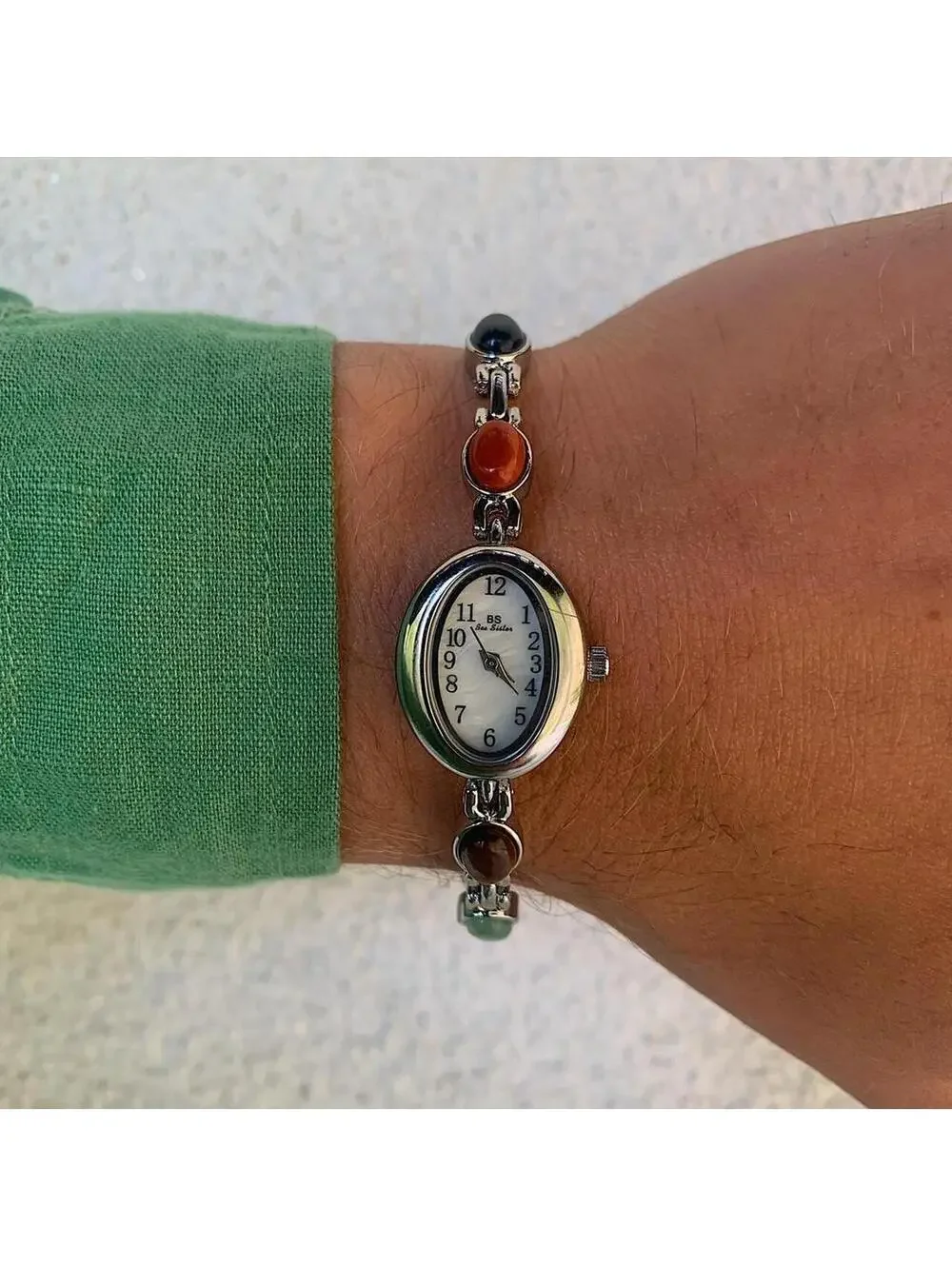 Y2k style silver tone quartz watch with glass multi color jade stone opal